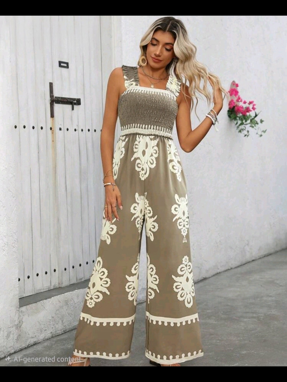 Olive Wide-Leg Smocked Jumpsuit with Cream Print